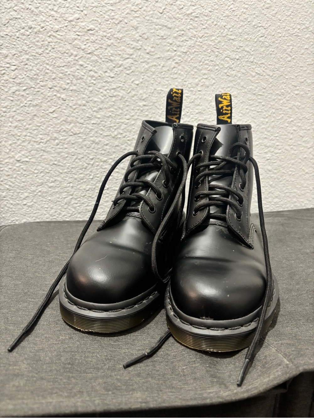 Dr. Martens Black Leather Lace-Up Boots with Yellow Heel Loop